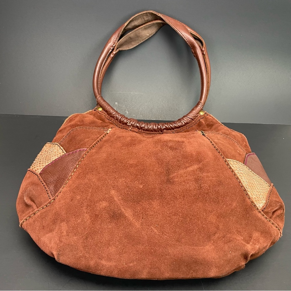 Lucky Brand Bag Brown Suede Leather Hobo Satchel Handbag Purse Patchwork Snake